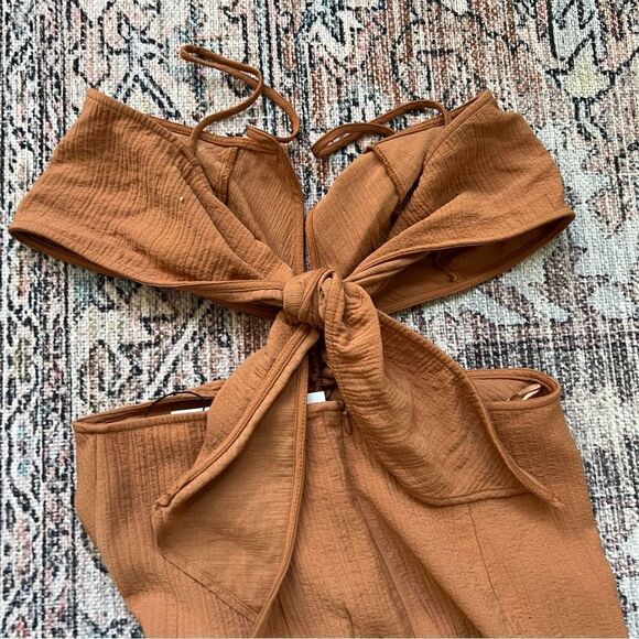 ZARA Terracotta Brown Ruched Midi Cut Out Tie Back Dress Size M NWT Rust - Picture 11 of 12